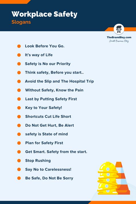 149+ Brilliant Workplace Safety Slogans - thebrandboy.com Safety Slogans Workplace In Hindi, Safety Slogans Posters, Industrial Safety Slogans In Hindi, Safety Boards For Work Ideas, Safety Slogans Workplace, Safety Posters Workplace Ideas, 5s Poster, Workplace Safety Bulletin Boards, Industrial Safety Slogans