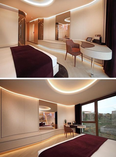 Hotel Neues Tor Suit Room Design Bedrooms, Desk Hotel Room, Hotel Room Window, Hotel Bedrooms, Hotel Corners Bed, Hotel Room With View, Curved Hotel Architecture, Luxury Paris Hotel Room, Modern Hotel Room