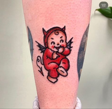 Angel Tattoo Shoulder, Vintage Cartoon Tattoo, Devil And Angel Tattoo, Evil Baby, Kewpie Tattoo, Angel Devil Tattoo, Traditional Tattoo Man, Kewpie Baby, Devil And Angel