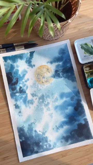 Moon Watercolor Painting, Moon With Clouds, Watercolor Painting Tutorial, Moon Watercolor, Clouds Painting, Night Moon, Moon Painting, Watercolor Paintings Tutorials, Cloud Painting