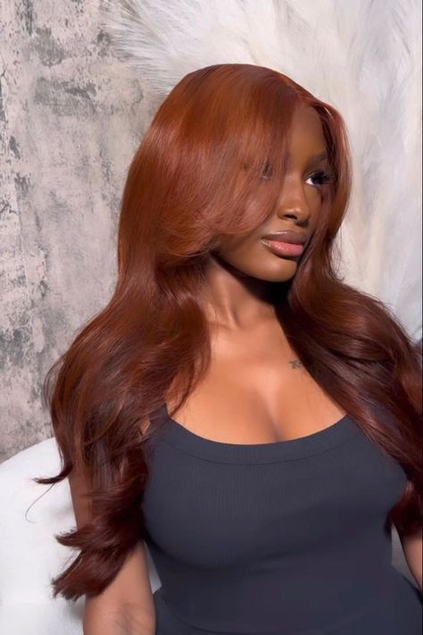 Rust Color Hair On Black Women, Copper Orange Brown Hair, Copper Side Part Sew In, Ginger Chocolate Hair, Brownish Auburn Hair, Ginger Copper Hair Black Women, Dark Auburn Hair Black Women, Ginger Curly Ponytail, Cowboy Copper Hair Black Woman