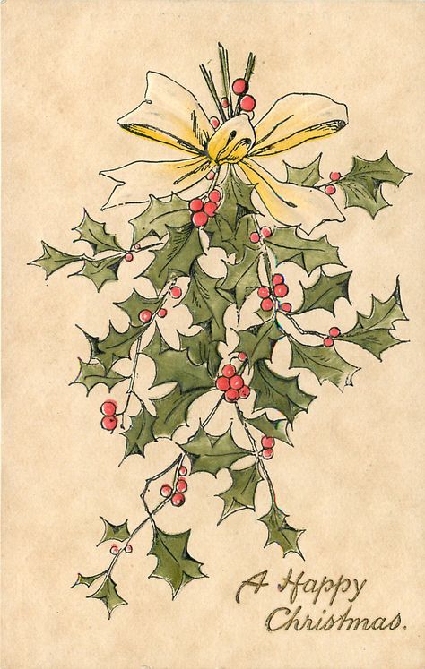 A HAPPY CHRISTMAS three sprigs of holly tied with yellow ribbon, hanging downribbon - TuckDB Postcards Vintage Christmas Floral Illustration, Yellow Christmas, Japan Illustration, Christmas Ephemera, Vintage Christmas Images, Yellow Ribbon, Christmas Poster, Christmas Postcard, Vintage Christmas Cards