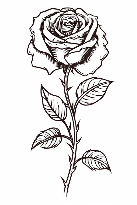 line art drawing of a rose in black and white Rose Drawing Black And White, Black Roses Drawing, Black And White Rose Drawing, Dark Rose Drawing, Rose With Thorns Drawing, White Roses Drawing, Black Rose Sketch, Rose Linocut, Black Rose Drawing