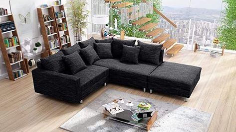 Modernes Sofa Couch Ecksofa Eckcouch in Gewebestoff schwarz mit Hocker Minsk R #Deutsche #German Tiny Apartment, Minsk, Living Room Style, Large Living Room, Small Living Room, Outdoor Sectional Sofa, Modern Living Room, Luxury Living, Sofa Couch