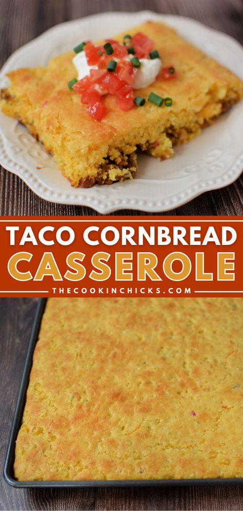 Easy Taco Cornbread Casserole is made using taco seasoned ground beef, chili beans, and cheese, all under a layer of Jiffy cornbread! Perfect for busy weeknight dinners, this simple casserole is comfort food at its finest! Add your favorite toppings and dinner is served! Chili Cornbread Casserole Jiffy Ground Beef, Stuffed Cornbread Casserole, Taco Casserole With Cornbread, Hormel Chili Recipes, Taco Cornbread Casserole Jiffy, Cornbread Taco Bake Jiffy, Jiffy Cornbread Recipes Casseroles, Hamburger Cornbread Casserole, Taco Cornbread Bake