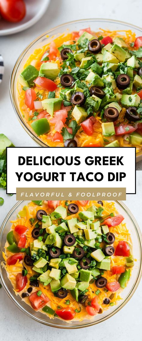 Image for Delicious Greek Yogurt Taco Dip Taco Spice Mix, Taco Spice, Taco Dip, Olive Relish, Shredded Lettuce, Soften Cream Cheese, Roma Tomatoes, Yummy Dips, Best Appetizers