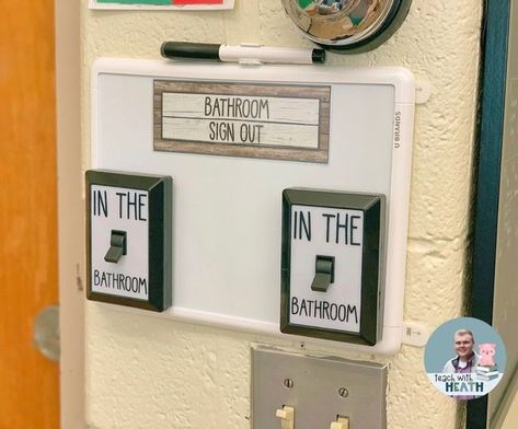 WeAreTeachers on Instagram: "Take a look at this bathroom sign out from @teachwithheath_!⁠ ⁠ "How it works:⁠ ⁠ 1. If a student needs to use the restroom, they check to see if a light is on. If not, then they just give the bathroom finger signal🤞🏼⁠ 2. The student uses the market to write their name, initials, student number, etc. and turn the light on.⁠ 3. The student uses the restroom, then erases their name, number, etc. and turn the light off to let others know they can go.⁠ ⁠ Was the perfec Classroom Diys, Bathroom Sign Out, Pinterest Classroom, Functional Classroom, Boy Activities, Teacher Goals, Steam School, Kindergarten Goals, Classroom Bathroom