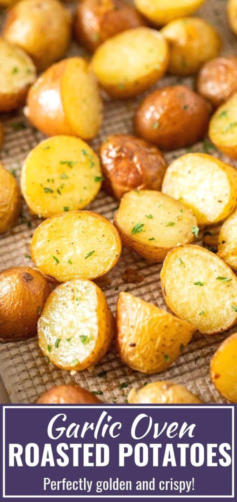 Simple Oven Roasted Potatoes made with Garlic and Parsley make an easy and delicious side dish that only requires a few minutes of prep and goes with so many meals! Whip up these crispy and golden roasted baby potatoes for a dinner that the whole family will love. #roastedpotatoes #ovenroastedpotatoes #sidedish #potatoes #garlicroastedpotatoes #babypotatoes #sheetpanrecipes #sides #dinner #recipe Sides Dinner, Garlic Oven, Baby Potato Recipes, Easy Roasted Potatoes, Roasted Baby Potatoes, Potatoes In Oven, Oven Roasted Potatoes, Roasted Potato Recipes, Easy Potato Recipes