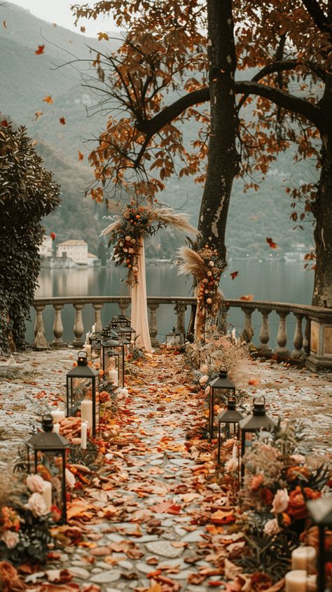 40+ Fall Wedding Ideas That Will Inspire You (Cake, Aisle, Table, Ceremony Decor, And More!) Wedding Aisle Fall Decorations, Fall Wedding Wedding Dress, Wedding Aisle Decorations Autumn, Wedding Inspiration Autumn, Elegant Autumn Wedding Decor, Backyard November Wedding, Fall Wedding Massachusetts, Isle Decorations Wedding October, Fall Wedding Decor Ceremony