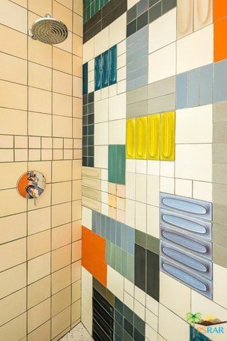 Modern Primary Bathroom, Midcentury Tile, Primary Bathroom Ideas, Primary Bathroom Design, Modern Tile Patterns, Primary Bathrooms, Home Stratosphere, Mid Century Tile, Cool Bathroom