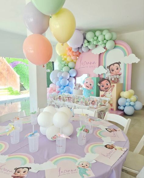 Pastel Cocomelon Party, Cocomelon Party Theme, Coco Melon Birthday Party Ideas, Cocomelon Party Decor, Cocomelon First Birthday, Cocomelon Theme Birthday Party, Baddie Ideas, Cocomelon Theme, Baby Birthday Party Theme