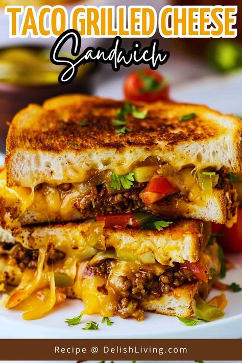 Savor the ultimate comfort food with this Taco Grilled Cheese Sandwich! This delicious recipe combines seasoned ground beef with melty cheese, all nestled between crispy, buttery bread. Topped with fresh lettuce and juicy tomatoes, it’s a fun twist on traditional grilled cheese. Perfect for a quick meal or a tasty snack, this sandwich is customizable with your favorite taco toppings. Check out the full recipe for a unique culinary experience! Taco Panini, Mexican Grilled Cheese, Taco Grilled Cheese Sandwich, Taco Grilled Cheese, Ultimate Grilled Cheese, Taco Toppings, Grilled Taco, Grill Cheese Sandwich Recipes, Classic Grilled Cheese