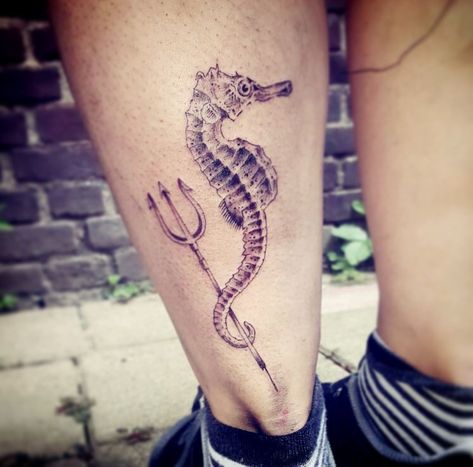 Seahorse Tattoo For Men, Fine Line Seahorse Tattoo, Black Seahorse Tattoo, Male Seahorse Tattoo, Black And White Seahorse Tattoo, Trident Tattoo, Swirl Tattoo, Seahorse Tattoo, Shin Tattoo