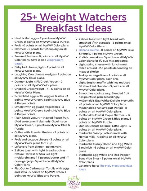 Free printable of 25+ Weight Watchers breakfast ideas including recipes, fast food, coffee, for WW Blue, Green, and Purple plans low points. Weight Watchers Breakfast Ideas, Low Points Weight Watchers, Weight Watchers Food Points, Weight Watchers Program, Weight Watchers Points Plus, Weight Watchers Plan, Weight Watchers Tips, Ww Meals, Weight Watchers Meal Plans