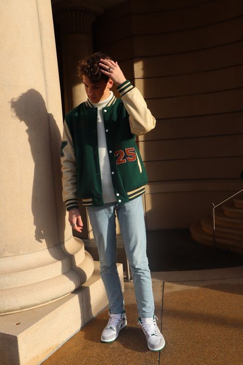 Green Varsity Jacket Outfit Men, Green Varsity Jacket Outfit, Varsity Jacket Outfit Mens, Varsity Jacket Aesthetic, Best Casual Wear For Men, Baseball Jacket Outfit, Green Varsity Jacket, Varsity Jacket Outfit, Zayn Malik Style