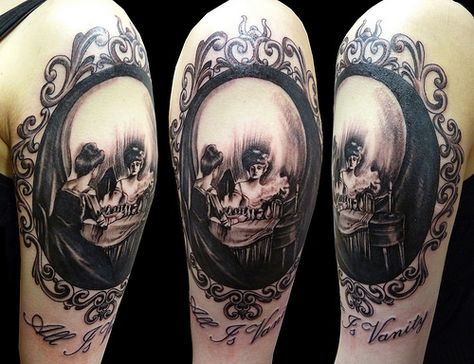 @mmarkley92 on my thigh..ive always love it...ive been thinking about a tree in a frame but idkkkkk All Is Vanity Tattoo, Skull Mirror Tattoo, Vanity Tattoo, Mirror Tattoo, Mirror Tattoos, All Is Vanity, Skull Girl Tattoo, Optical Illusion Tattoo, Tattoos For Women Half Sleeve