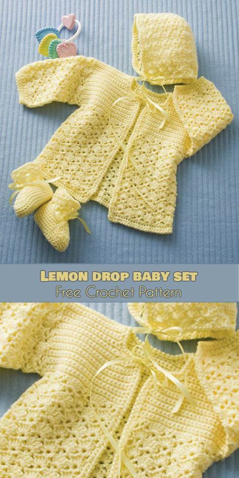 Lemon Drop Baby Set [Free Crochet Pattern]Lemon Drop Baby Set [Free Pattern] | Your Crochet Crochet Baby Sweater Sets, Crochet Lemon, Baby Shoes Diy Pattern, Crochet Baby Sweater Pattern, Crochet Baby Jacket, Baby Shoes Diy, Crochet Baby Sweaters, Shoes Crochet, Baby Cardigan Pattern