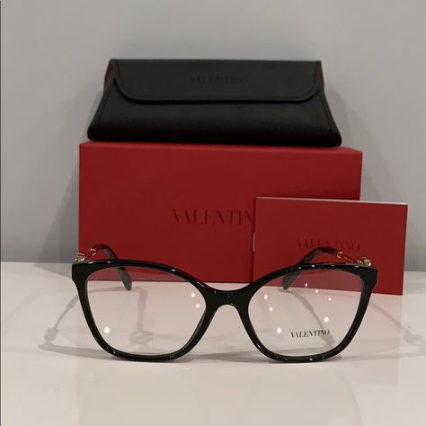 Women’s Glasses Black And Gold Size 54mm V Logo On Temple W/ Stone Detail Black Eye Glasses For Women, Black Frame Glasses Women, Black Glasses Frames Woman Aesthetic, Black Glasses Frames Woman, Black Rim Glasses Women, Luxury Black Glass Sunglasses, Valentino Glasses, Pretty Sunglasses, Cute Glasses Frames