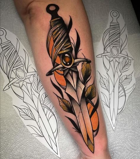 Neo Traditional Dagger Tattoo, Orange Ribbon Tattoo, Dagger Tattoo Design, Traditional Dagger Tattoo, Traditional Dagger, Knife Tattoo, Realistic Tattoo Sleeve, Ribbon Tattoos, Tatuaje A Color