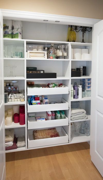 Linen Closet and Bathroom Closet Design Tips Linen Closet Organization Hallway, Hall Closets, Bathroom Closet Designs, Bathroom Closet Remodel, Linen Closet Design, Linen Closet Shelves, Adjustable Closet System, Ideas For Bathrooms, Small Linen Closets