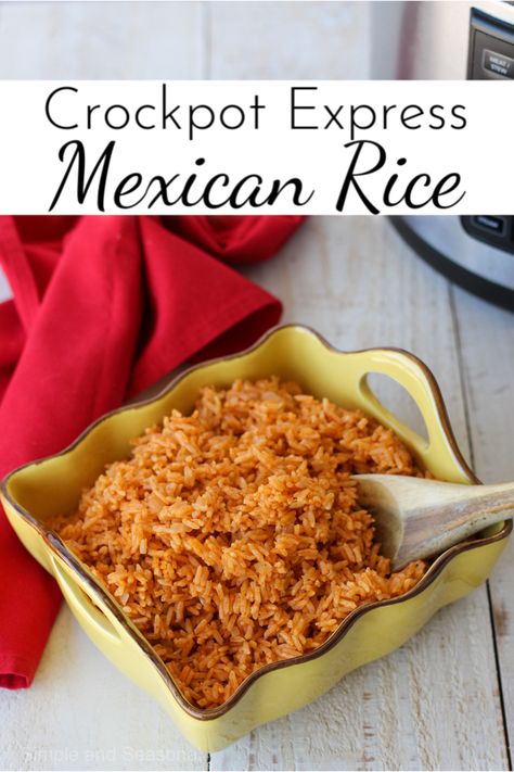 Crockpot Express Mexican Rice is the perfect side dish for tacos, burritos, enchiladas or as the main ingredient in your favorite burrito bowls! It's just so EASY and quick to make! Mexican Rice In Crockpot Slow Cooker, Mexican Rice Recipe Crockpot, Crock Pot Mexican Rice Crockpot, Mexican Rice In Crockpot, Crock Pot Mexican Rice, Mexican Rice Crockpot, Crockpot Mexican Rice, Slow Cooker Mexican Rice, Side Dish For Tacos