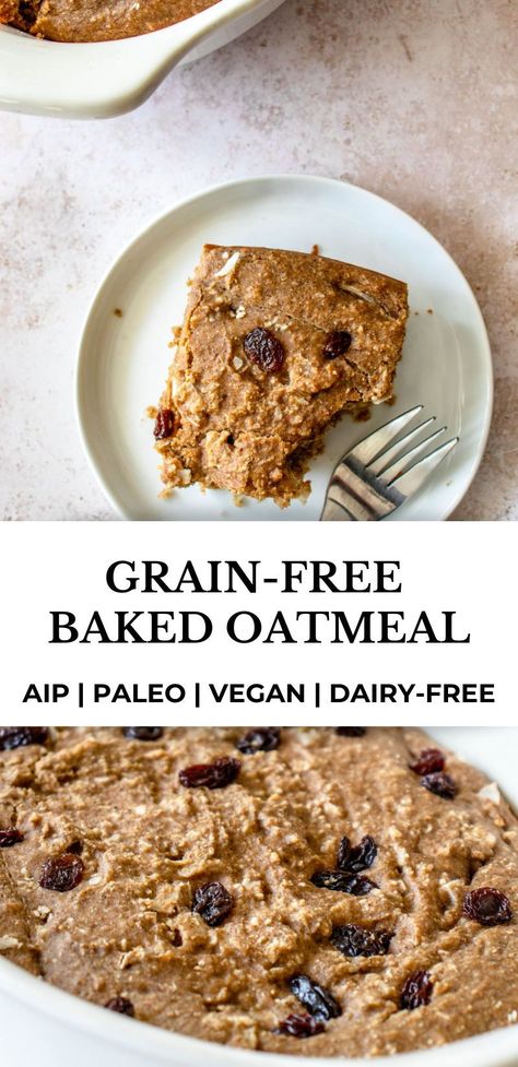 This Grain-free Baked Oatmeal is AIP, paleo and vegan and contains no oats or added sugars beyond fruit! It comes together quickly in the blender and is light, fluffy and delicious. #healmedelicious #aip #paleo #aiprecipes #paleorecipes #aipdiet #autoimmunepaleo #aipprotocol #autoimmunedisease #glutenfree #glutenfreerecipes #glutenfreebaking #breakfastideas #healthyrecipes #bakedbanananoatmeal #grainfreebaking Paleo Oatmeal, Aip Baking, Paleo Bread Recipe, Aip Breakfast, Banana Flour, Vegan Paleo Recipes, Autoimmune Paleo Recipes, Aip Desserts, Paleo Recipes Breakfast