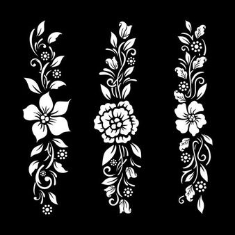 Henna Stencils, Floral Banners, Vintage Borders, Floral Border Design, Temporary Tattoo Designs, Flower Pattern Design, Flower Stencil, Black And White Flowers, Carving Designs