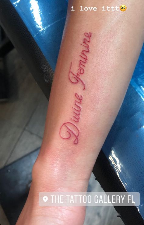 #divinefeminineenergy #spiritualtattoos #redtattoos #tattooideas Divine Feminine Script Tattoo, Divine Feminine Album Tattoo, Divine Feminine Tattoo Font, Divine Feminine Tattoo On Arm, Devine Feminine Art Tattoo, Spiritual Tattoos, Red Tattoos, Tattoos Gallery, Body Tattoos