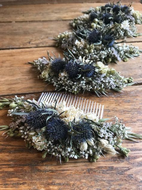 Thistle Bouquet Wedding, Thistle Wedding, Bride Hair Piece, Natural Dried Flowers, Dried Flowers Wedding, Floral Comb, Scotland Wedding, Flower Comb, Flower Girl Hairstyles