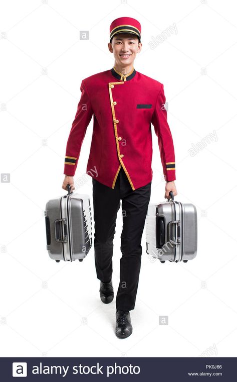 Lobby Boy, Hotel Uniform, Boys Uniforms, Paper Dress, Men Fashion Casual Shirts, Human Poses Reference, Human Poses, Suitcases, Mens Fashion Casual