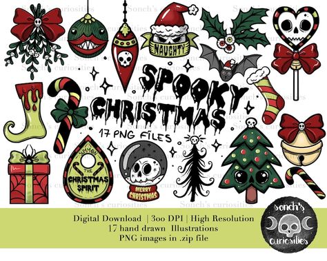 Spooky Christmas Clipart Hand Drawn Elements 17 High - Etsy Georgia Christmas Flash Art, Spooky Christmas Decor, Spooky Christmas Tattoo, Creepy Christmas Art, Spooky Christmas Nails, Creepy Clipart, Spooky Christmas Decorations, Emo Christmas, Christmas Creepy