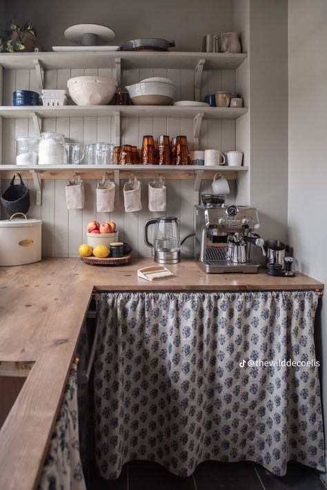 Cottage Core Pantry, Shiplap Cottage, Pantry Curtain, Blue Floral Curtains, Cottage Kitchen Inspiration, Butcher Block Counters, Plain English Kitchen, Cabin Vibes, Butcher Block Counter