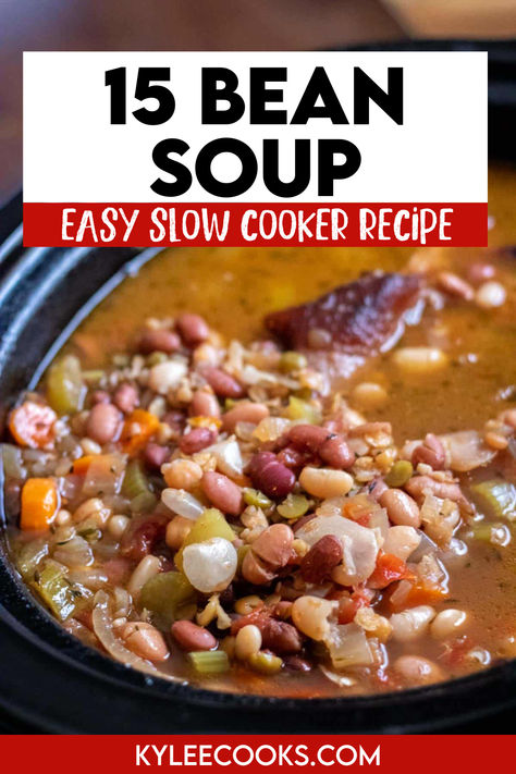 An image of 15 Bean Soup in the slow cooker Bean Soup No Meat, Hurst 15 Bean Soup Recipe Crock Pot, Crockpot 15 Bean Soup Crock Pot, Mixed Bean Soup Recipes, Crock Pot Bean Soup, 16 Bean Soup Recipe, Beef And Bean Soup Recipe, Crockpot 15 Bean Soup, Bean Soup Mix Recipe