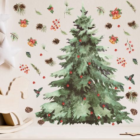 PRICES MAY VARY. Christmas Wall Decals: the Christmas tree wall decal is beautiful and composed of patterns like Christmas trees, berries, pine cones and bells, and the watercolor design makes it more exquisite and delicate, ideal for your decoration during Christmas Safe and Sturdy: made of quality PVC material, our Christmas tree wall sticker is well printed and not easy to break or fade, non toxic and odorless, convenient for you to stick and peel off without residuals, and easier to clean th Xmas Bedroom, Christmas Wall Decals, Christmas Tree Wall Decal, Diy Christmas Wall, Tree Wall Decals, Christmas Wall Stickers, Christmas Window Stickers, Christmas Tree Wall, Diy Wall Decals