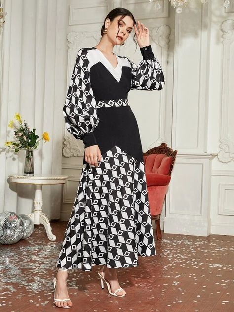 SHEIN X CHEN MIAOMIAO Lantern Sleeve Chevron Colorblock Geo Print Dress | SHEIN USA Color Block Outfits, Geo Print Dress, Classy Gowns, Color Blocking Outfits, White Party, Geo Print, Lantern Sleeve, Lantern Sleeves, Fancy Dresses