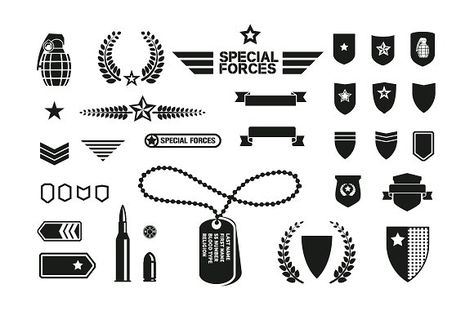 Military theme icons set by VectorPixelStar on @creativemarket Logo Design Camera, Army Symbol, Military Logo, Applique Templates, Vintage Logo Design, Business Illustration, Creative Sketches, Iphone Icon, Military Art