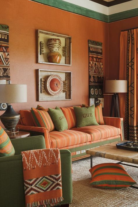 Create a cozy and stylish Afrohemian living room with a bold orange theme. Highlight the space with rich tribal patterns, vibrant textiles, and unique cultural accents to achieve a warm and vibrant atmosphere.#AfrohemianDecorIdeas #OrangeThemedLivingRoom #TribalArtDecor #AfrocentricHomeStyle #CulturalInspiredLivingRoom #VibrantAfricanDesign #WarmAfroStyleDecor Nigerian Interior Design, Afrohemian Decor, Orange Theme, Afro Style, Inspired Living, African Design, Kitchen Inspirations, Santa Fe, Boho Decor