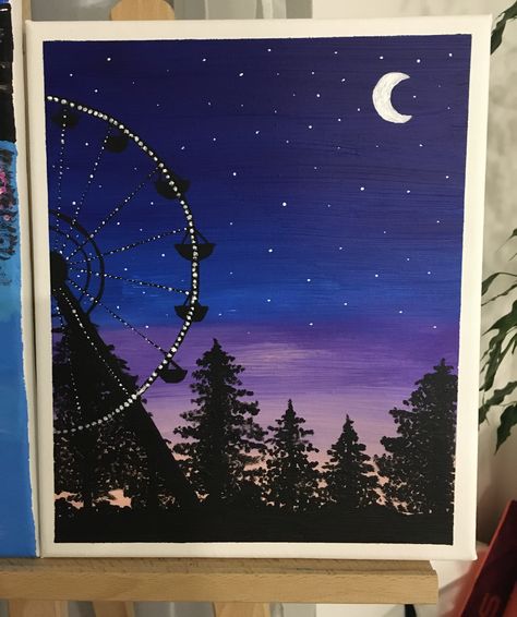 Ferris Wheel Painting Acrylic, Ferris Wheel Painting, Wheel Painting, Cute Easy Paintings, Sunset Canvas Painting, Easy Canvas Art, Summer Painting, Galaxy Painting, Anime Backgrounds Wallpapers