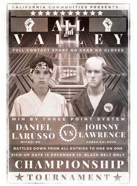 The Karate Kid All Valley Championship Tournament Poster Tournament Poster, The Karate Kid, Cobra Kai Dojo, Miyagi, Karate Kid, Black Belt, Karate