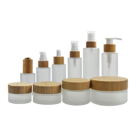 Cosmetic Packaging Containers Empty Frosted Lotion Cream Glass Jar Bottle Set With Bamboo Pump Dropper Spray Lid - Buy Matte Clear Body Butter Oil Glass Jar With Bamboo Lid Cap,Wholesale Luxury Glass Skincare Serum Shampoo Packaging Bottle Jar Set,1oz 2oz 3oz 4oz 5oz 8oz 30ml 50ml 100ml 150ml 200ml 250ml 300ml 500ml 30g 50g 100g 200g 250g Body Lip Scrub Container Jar Product on Alibaba.com Body Butter Containers, Body Scrub Containers, Glass Cosmetic Packaging, Body Butter Packaging Design, Cream Bottle Design, Cosmetic Packaging Design Skincare, Skincare Container, Glass Skincare, Body Butter Packaging