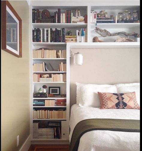 Bookshelves Above Bed, Bookshelf Above Bed, Master Headboard, Above Bed Ideas, Studio Garage, Shelf Above Bed, Bookshelf Bed, Bookshelves In Bedroom, Boys Bedroom Makeover