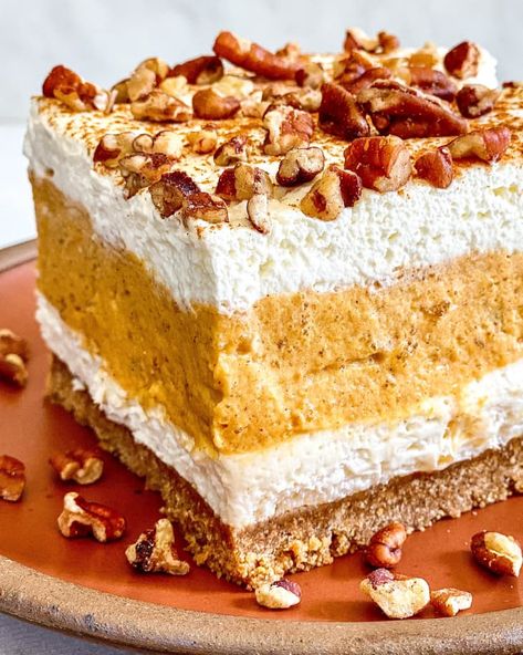 No Bake Pumpkin Delight The Kitchen, Pumpkin Delight Dessert No Bake, No Bake Pumpkin Delight, Gluten Free Desserts For Thanksgiving, Cold Pumpkin Desserts, No Bake Desserts Thanksgiving, No Bake Pumpkin Recipes, Thanksgiving Pumpkin Desserts, No Bake Thanksgiving Desserts