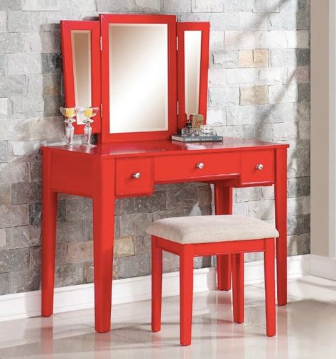 Add a pop of color with this red vanity set! Red Vanity, Vanity Furniture, Bedroom Vanity Set, Diy Vanity Mirror, Spiegel Design, Diy Bathroom Vanity, Traditional Vanity, Trifold Mirror, Wooden Vanity