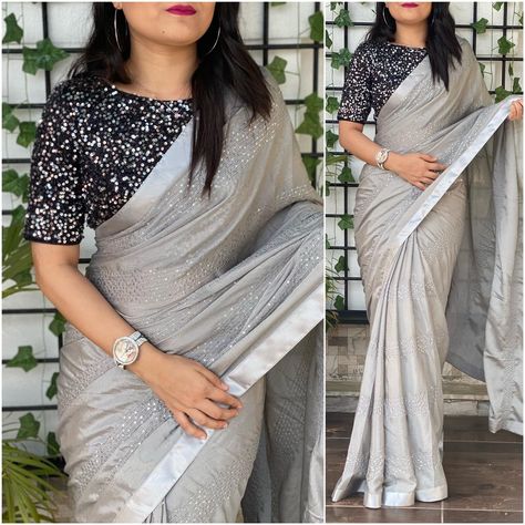 Blouse With Grey Saree, Grey Saree Contrast Blouse, Grey Blouse Designs For Saree, Net Saree Blouse Designs, Net Saree Blouse, Plain Sarees, Two Piece Evening Dresses, Glitter Blouse, Model Blouse