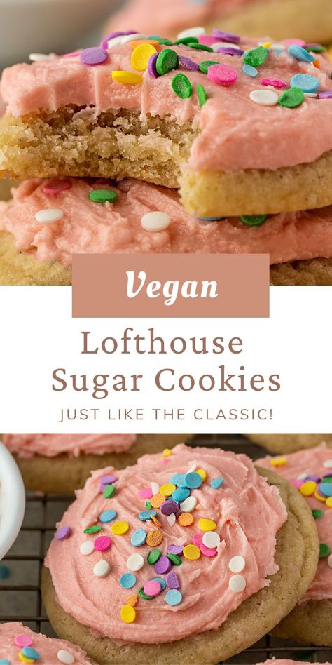 The BEST Copycat Lofthouse Cookie recipe! These Vegan Frosted Sugar Cookies are so soft and make the perfect Birthday cookie recipe. If you're looking for the best soft vegan sugar cookie, then you need to make these dairy-free & eggless Lofthouse cookies. #lofthousecookies Vegan Frosted Sugar Cookies, Vegan Soft Sugar Cookies, Vegan Drop Cookies, Vegan Lofthouse Cookies, Vegan Decorated Cookies, Vegan Cookie Frosting, Vegan Refined Sugar Free Desserts, Allergen Free Cookies, Vegan Crumbl Cookies