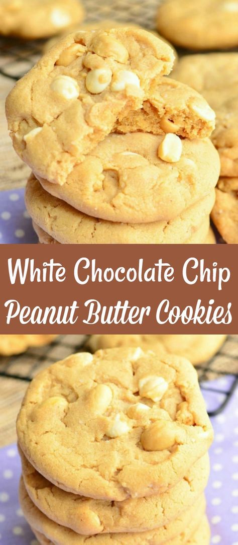 White Chocolate Chip Cookies Recipes, Chocolate Chip Peanut Butter Cookies, Peanut Butter White Chocolate, Peanut Butter Chip Cookies, Peanut Butter Sandwich Cookies, Peanut Cookies, Homemade Snickers, Chewy Peanut Butter Cookies, White Chocolate Chip