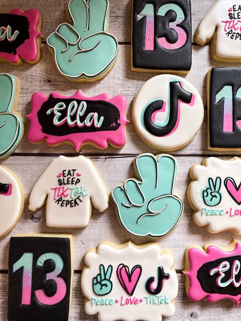 10th Birthday Cookie Ideas, 13 Birthday Cookies, Peace Out Single Digits Cookies, 13th Birthday Cookies Decorated, 16 Birthday Cookies Decorated, 16th Birthday Cookies Girl, Tiktok Cookies, 13th Birthday Cookies, Birthday Decorated Cookies