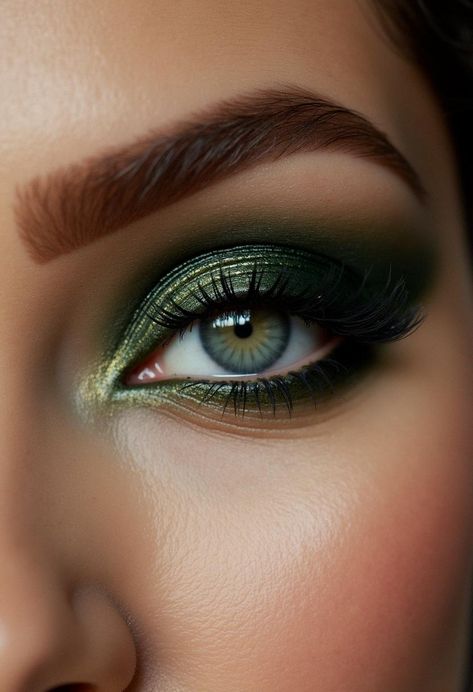 dark green smokey eye Green Make Up Ideas, Makeup For Dark Green Dress, Dark Green Smokey Eye, Green Smokey Eye Tutorial, Green Makeup Ideas, Grey Smokey Eye, Dark Smokey Eye, Gold Smokey Eye, Smokey Eye Easy