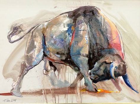 Dragan Petrovic Pavle, Bull Attack, Oil on canvas, 80x60cm, £1350 Bull Artwork, Animal Paintings Acrylic, Bull Painting, Bull Art, Bull Tattoos, Peacock Wall Art, A Bull, Back Art, Animal Painting