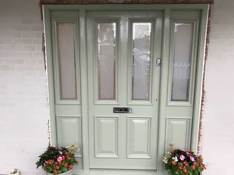 Green Front Door With Side Panels, Pastel Green Front Door, Light Green Front Door, Front Door Side Panels, Chartwell Green Front Door, Mint Door, Green Front Door, Pastel Paint Colors, Exterior House Renovation